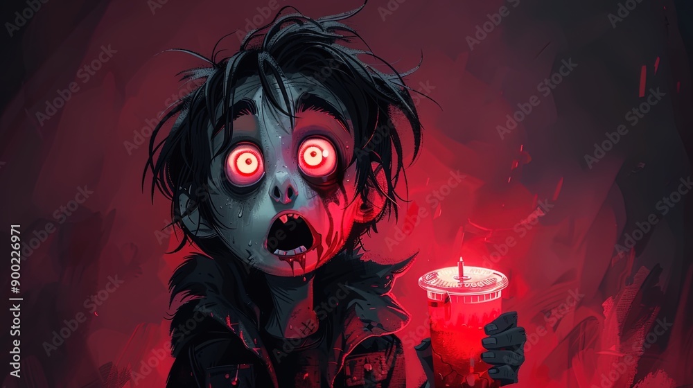 Cartoon Vampire Surprise: Amusing Illustration of a Fanged Fiend Sipping Juice with a Shocked Expression. Text space, wallpaper, AI generated,advertise Cartoon Vampire Surprise: Amusing Illustration of a Fanged Fiend Sipping Juice with a Shocked Expression. Text space, wallpaper, AI generated,advertise
