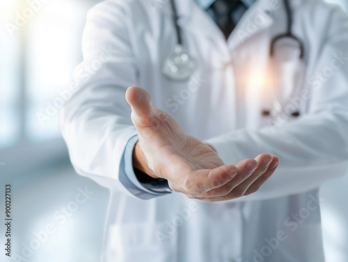 A doctor extending a hand in a gesture of welcome or assistance, symbolizing healthcare and patient support. Doctor hold open palms novelty products advising good quality vitamins.