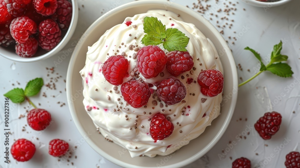 Delicious Dessert with Fresh Raspberries and Cream, Garnished with Mint Leaves and Chia Seeds, Perfect for Healthy Eating and Food Photography Delicious Dessert with Fresh Raspberries and Cream, Garnished with Mint Leaves and Chia Seeds, Perfect for Healthy Eating and Food Photography