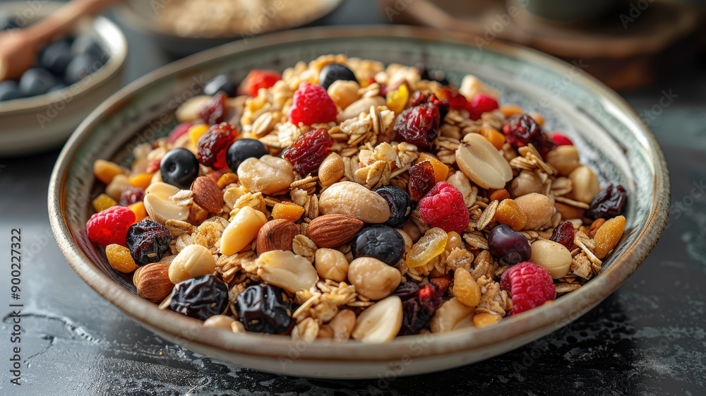 Healthy Breakfast Bowl with Mixed Nuts, Berries, and Granola on a Rustic Table - Nutritious and Delicious Morning Meal Healthy Breakfast Bowl with Mixed Nuts, Berries, and Granola on a Rustic Table - Nutritious and Delicious Morning Meal