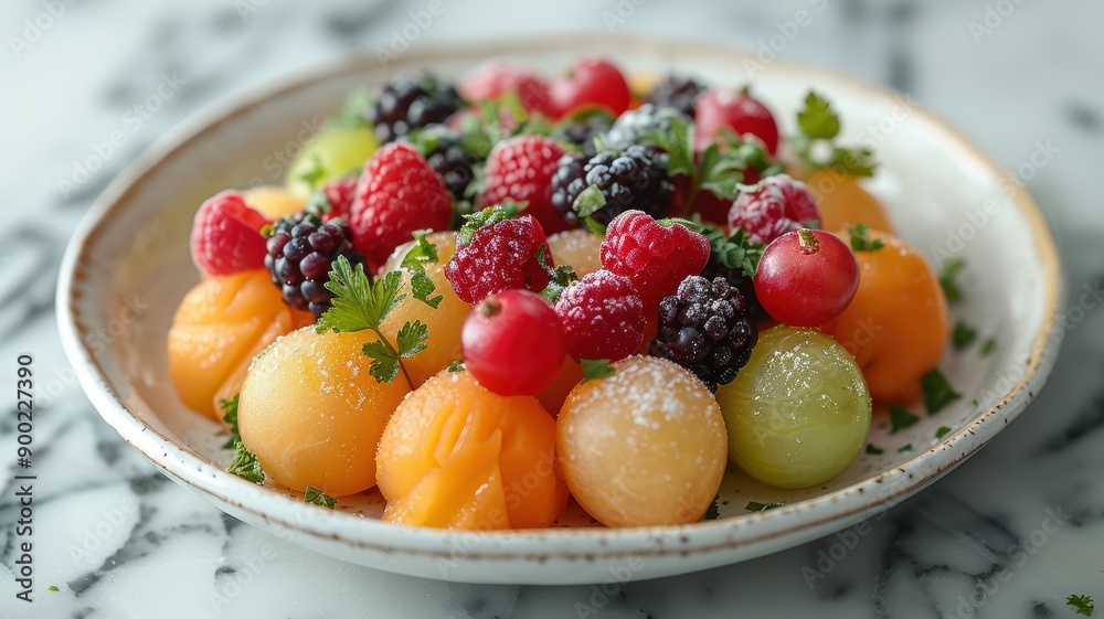 Fresh and Vibrant Fruit Salad with Melon Balls, Berries, and Herbs on a Ceramic Plate on Marble Surface Fresh and Vibrant Fruit Salad with Melon Balls, Berries, and Herbs on a Ceramic Plate on Marble Surface
