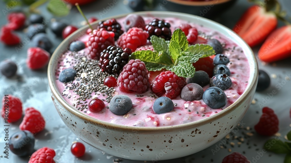 Fresh Mixed Berry Smoothie Bowl with Chia Seeds and Mint Leaves in a Ceramic Bowl on a Gray Background Fresh Mixed Berry Smoothie Bowl with Chia Seeds and Mint Leaves in a Ceramic Bowl on a Gray Background