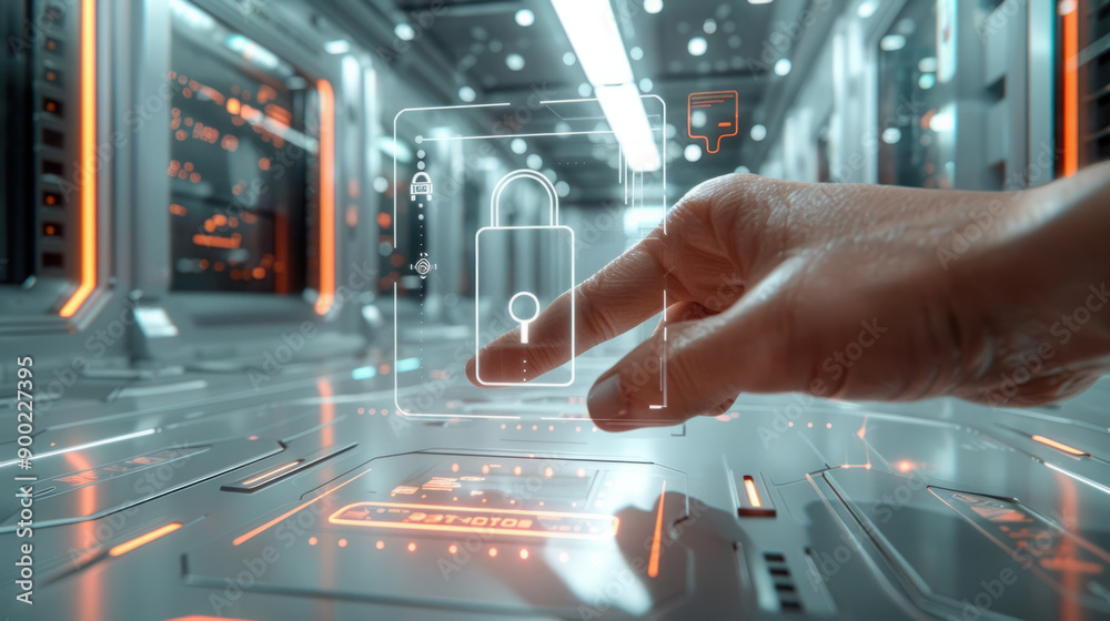 AI cyber security, Close-up of a finger against a scanner, triggering a hologram lock icon that projects into the air. Surrounding is a high-security facility with minimalist AI cyber security, Close-up of a finger against a scanner, triggering a hologram lock icon that projects into the air. Surrounding is a high-security facility with minimalist