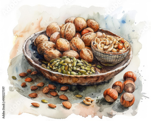 A vibrant watercolor painting of assorted nuts in decorative bowls, showcasing their natural textures and colors.