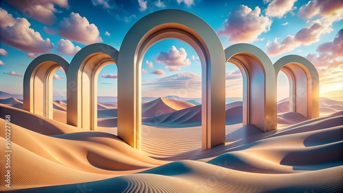 Surreal landscape background in pastel colors with geometric shapes, a seasonal desert scene with arches, and a blue cloudy sky.






