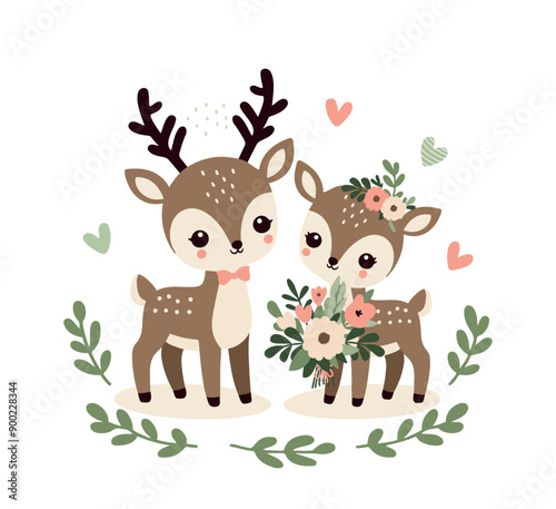 Couple of cute deer with bouquet of flowers. Vector illustration. Isolated on white background.