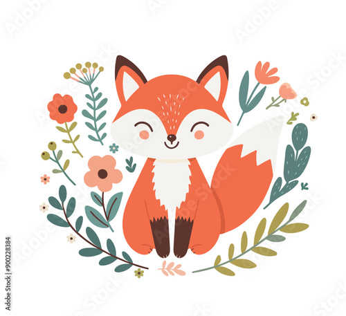 Cute fox sitting among flowers. Vector graphics. Isolated on white background.