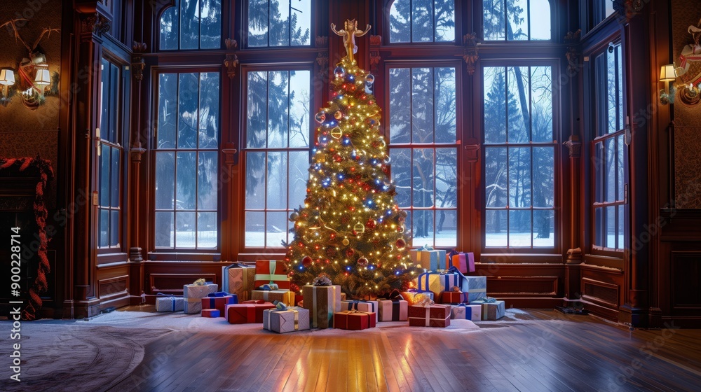 Fototapeta premium A beautifully decorated Christmas tree with colorful lights and numerous gifts beneath, set in a grand mansion with large windows overlooking a snowy landscape.