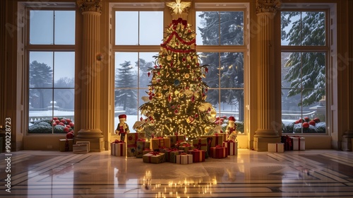 A beautifully decorated Christmas tree with presents sits in an elegant, luxurious living room with large windows showing a snowy landscape.