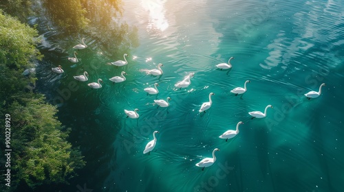 Aerial view of a flock of swans swimming gracefully in a clear turquoise lake, with sunlight reflecting on the water and lush greenery nearby.