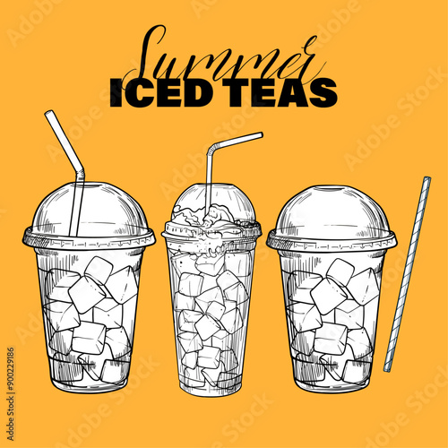 Vector hand drawn beverages with ice cubes in plastic cup with lid and straws. Summer ice teas. Drinks assets ready to use and easy to edit. Black outline and white fill in separate groups.