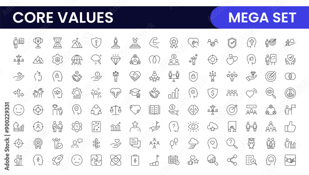 Core Values outline icons set. Core, values, business, leadership, goals, target, client, quality, success, responsibility and quality. Core Values outline icons set. Core, values, business, leadership, goals, target, client, quality, success, responsibility and quality.