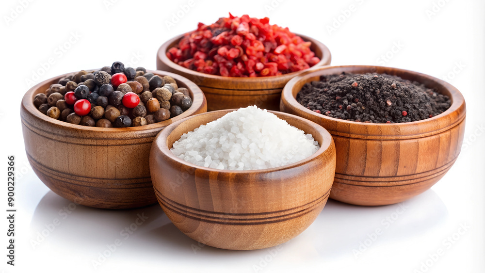 Red pepper, black pepper, and salt in wooden bowls, isolated on a white background Red pepper, black pepper, and salt in wooden bowls, isolated on a white background