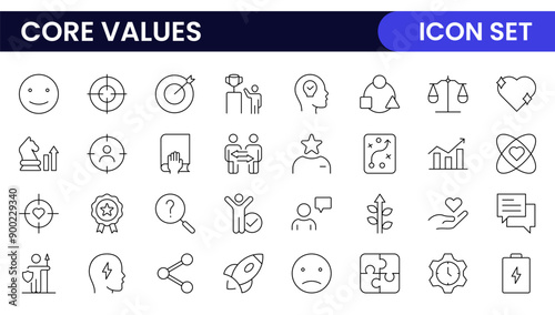 Core Values outline icons set. Core, values, business, leadership, goals, target, client, quality, success, responsibility and quality.