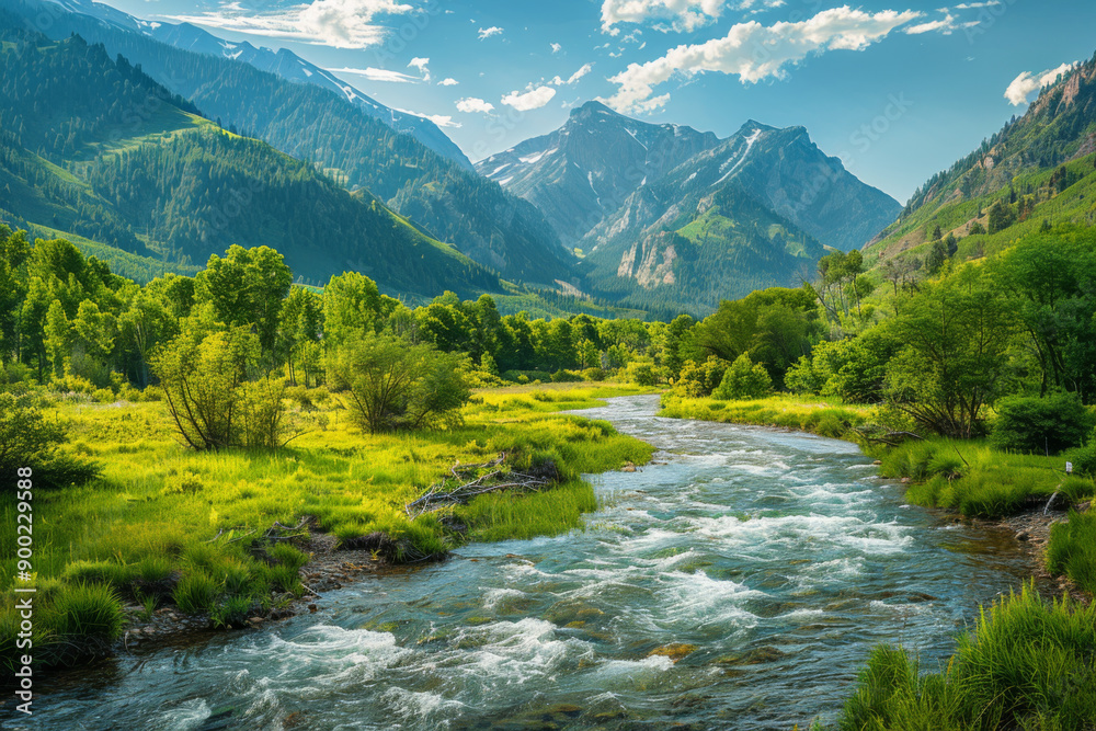 A picturesque view of a river flowing through a valley surrounded by lush mountains and trees A picturesque view of a river flowing through a valley surrounded by lush mountains and trees