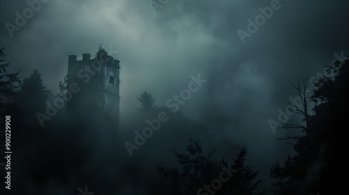 A dark, eerie tower looms over a foggy, dense forest, evoking a sense of mystery and suspense.