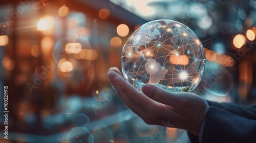 A hand holds an illuminated digital globe, symbolizing global connectivity and technology, with an urban background featuring bokeh lights.