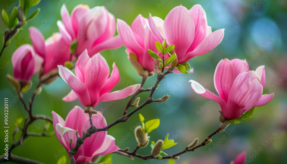 Fototapeta premium A closeup view of pink magnolia blossoms on a branch with soft green foliage