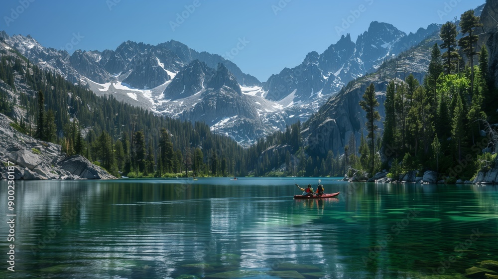 Two kayakers paddle on a crystal-clear lake surrounded by towering snow-capped mountains and dense pine forests. Two kayakers paddle on a crystal-clear lake surrounded by towering snow-capped mountains and dense pine forests.
