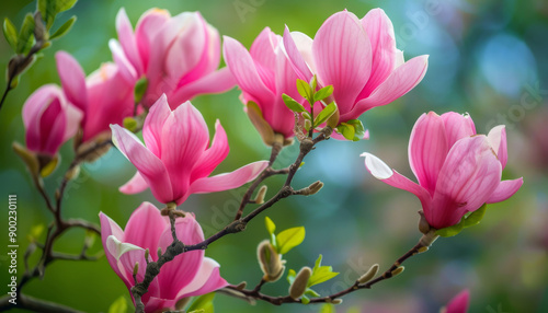 A closeup view of pink magnolia blossoms on a branch with soft green foliage