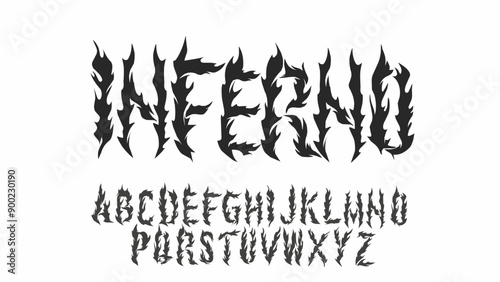 Inferno, Fire font, hand drawn black and white alphabet letters vector set, font lettering design. dark vintage flame typeface. Rock poster sign, handwritten hardcore Gothic font