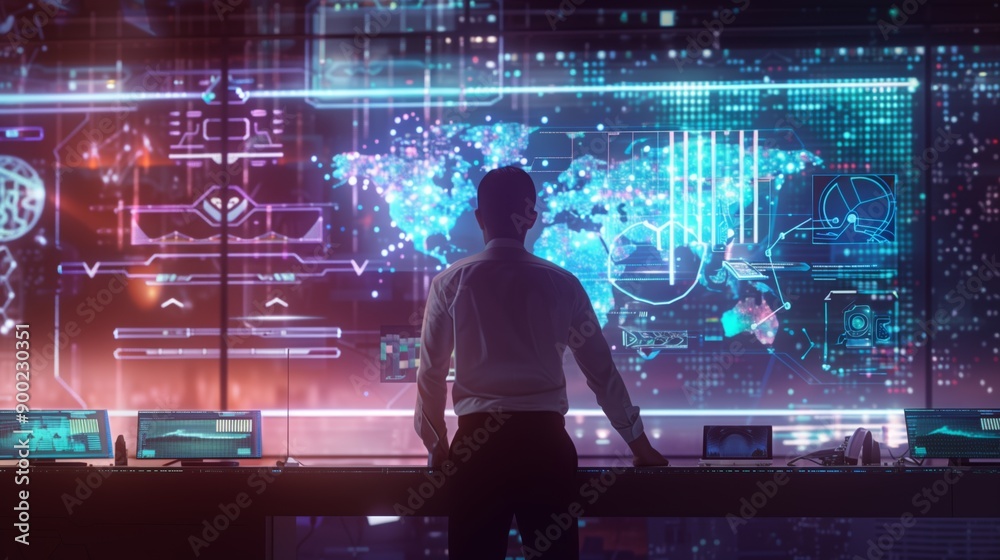A man stands before a large futuristic digital screen displaying global data, analyzing information in a high-tech environment. A man stands before a large futuristic digital screen displaying global data, analyzing information in a high-tech environment.