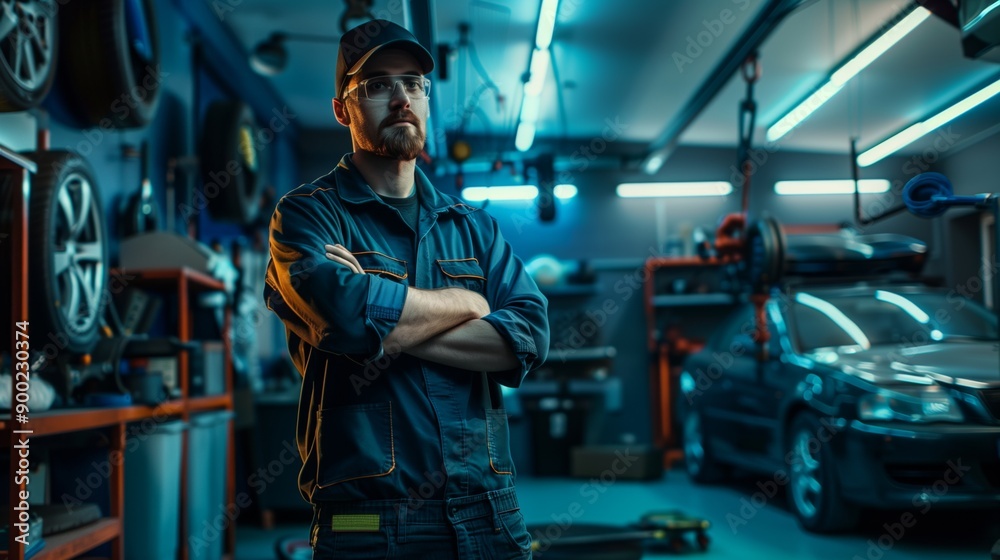 A mechanic in a cap and uniform stands confidently in an auto repair shop, illuminated by blue lighting, with tools and cars around. A mechanic in a cap and uniform stands confidently in an auto repair shop, illuminated by blue lighting, with tools and cars around.