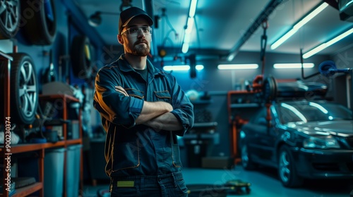 A mechanic in a cap and uniform stands confidently in an auto repair shop, illuminated by blue lighting, with tools and cars around.