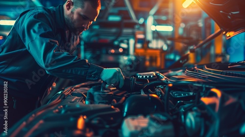 A mechanic wearing gloves inspects a car engine in a workshop, illuminated by focused lighting, showcasing automotive repair and maintenance.