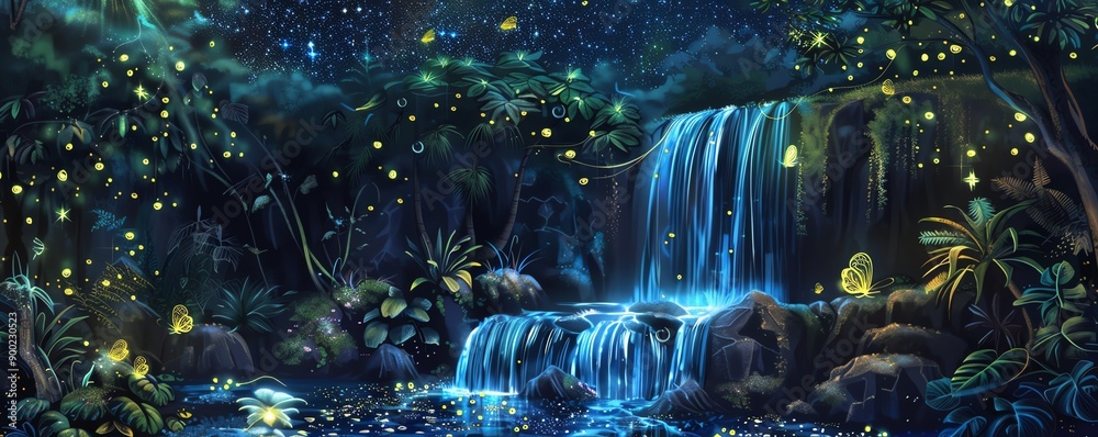 Fototapeta premium Enchanted forest with glowing lights and a cascading waterfall.