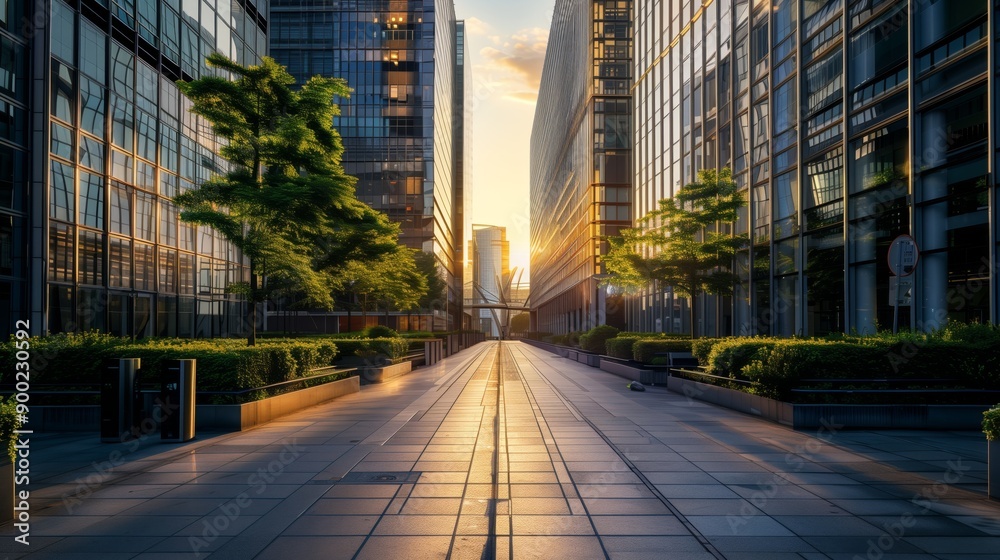 Fototapeta premium A modern urban street flanked by glass buildings and lush greenery, bathed in the warm glow of sunrise, creating a serene cityscape.