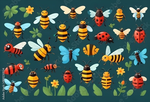 Illustration of various insects in various colors. Detailed vector art for design and print. Generative AI