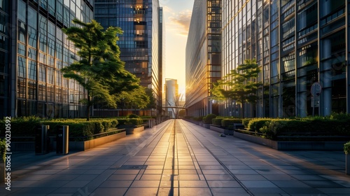 A modern urban street flanked by glass buildings and lush greenery, bathed in the warm glow of sunrise, creating a serene cityscape.