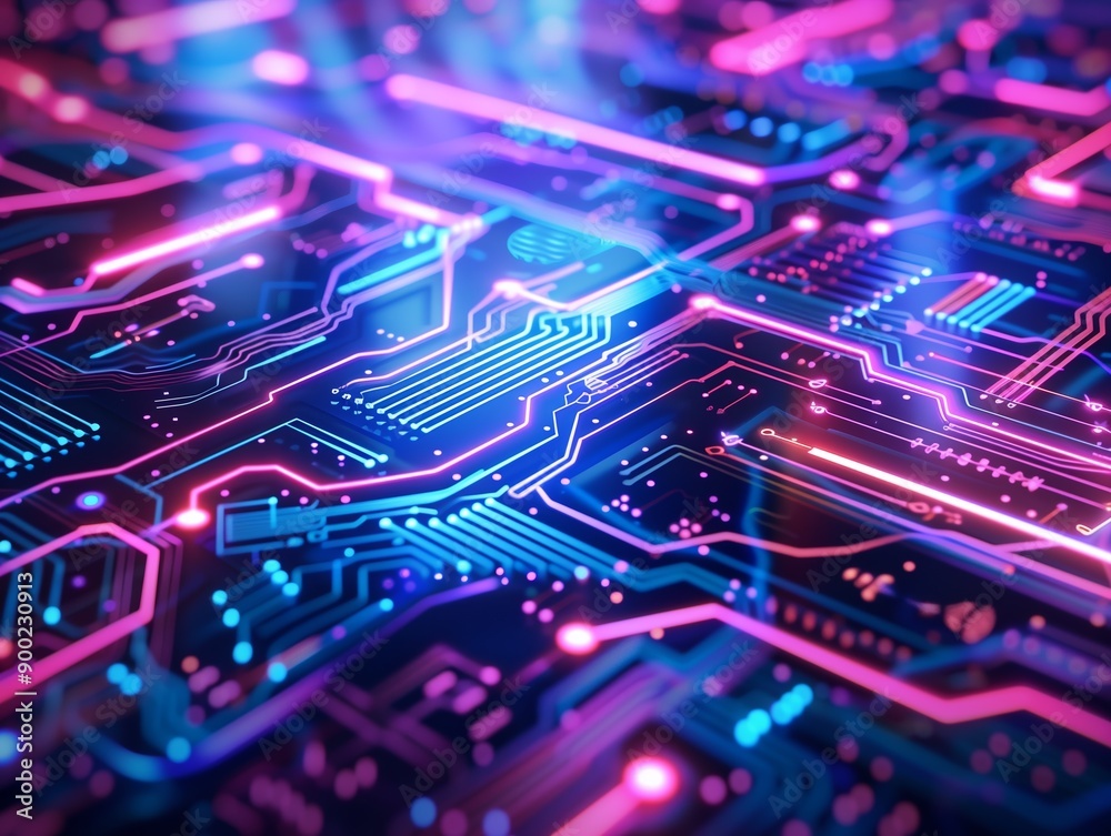 Close-up of a vibrant, neon-lit futuristic circuit board pattern, showcasing intricate digital pathways and glowing electronic components. Close-up of a vibrant, neon-lit futuristic circuit board pattern, showcasing intricate digital pathways and glowing electronic components.
