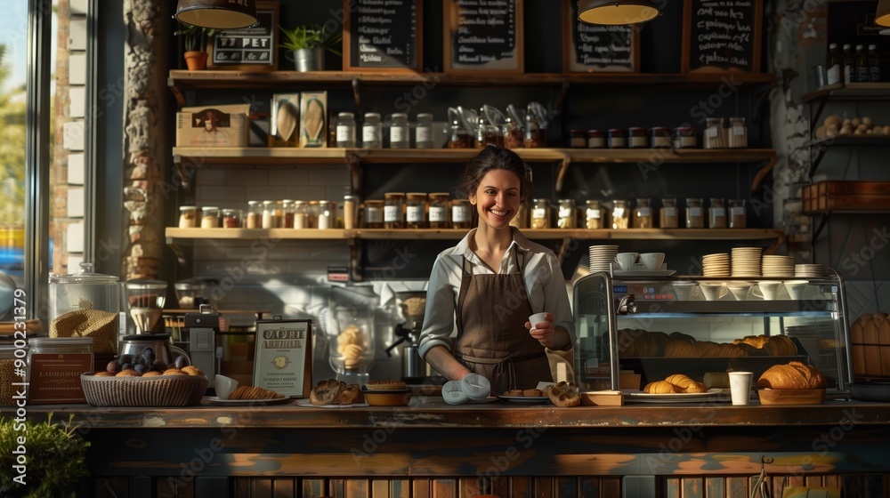 A cheerful barista stands behind the counter in a cozy coffee shop, surrounded by baked goods and a warm, inviting atmosphere. A cheerful barista stands behind the counter in a cozy coffee shop, surrounded by baked goods and a warm, inviting atmosphere.