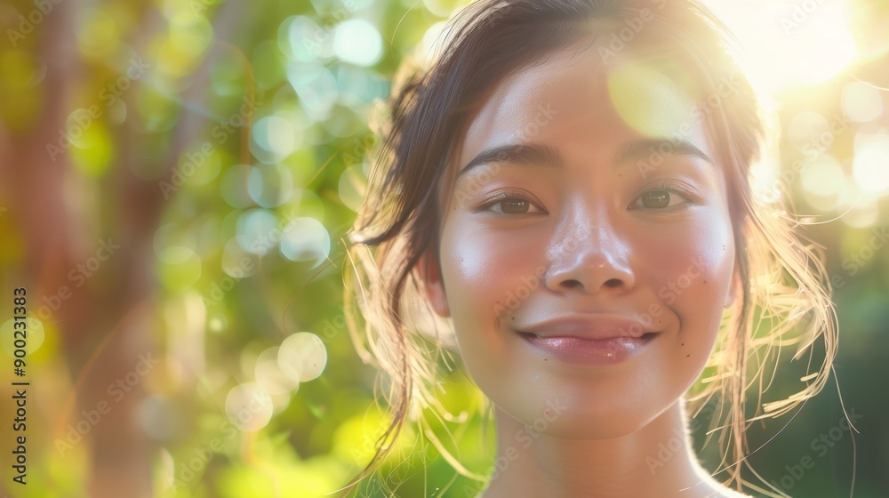 A close-up of a smiling woman in a sunlit garden, surrounded by lush greenery and soft, natural light. A close-up of a smiling woman in a sunlit garden, surrounded by lush greenery and soft, natural light.