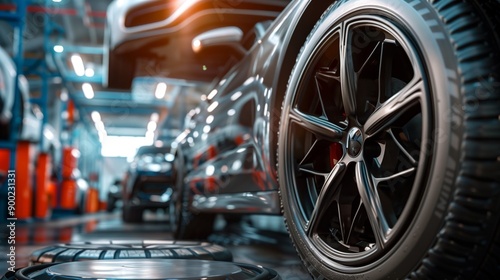 Wallpaper Mural Close-up of sleek car wheels in a high-tech auto repair shop, with vehicles being serviced in the background under bright lighting. Torontodigital.ca