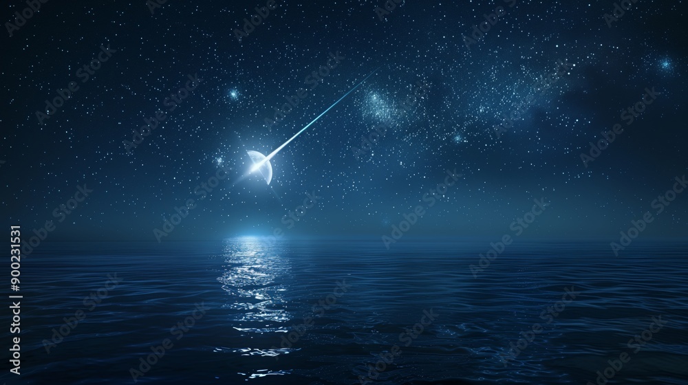 A serene night scene featuring a starry sky with a shooting star reflecting on the calm ocean, creating a tranquil and mesmerizing atmosphere. A serene night scene featuring a starry sky with a shooting star reflecting on the calm ocean, creating a tranquil and mesmerizing atmosphere.