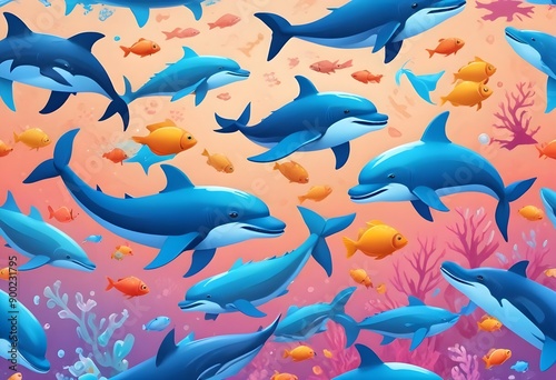 Dolphins swimming underwater in water. Blue dolphins is surrounded by a variety of sea creatures and plants. Set of dolphins and small fishes isolated on transparent background.
