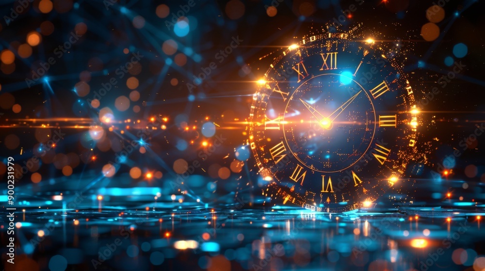 Obraz premium A digitally stylized neon clock displaying a dartboard design amidst a sparkling blue technological backdrop.
