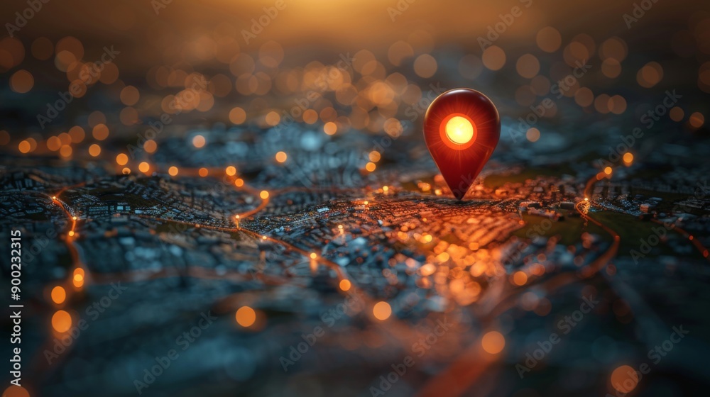 A red location marker pinpoints a spot on a city street map with a blurred urban backdrop. A red location marker pinpoints a spot on a city street map with a blurred urban backdrop.