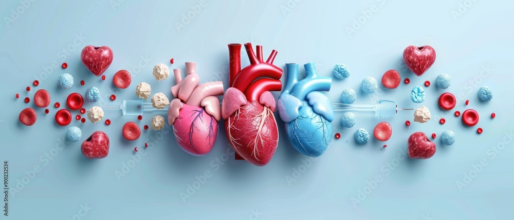 Obraz premium Colorful anatomical hearts surrounded by red blood cells, blue cells, and hearts, symbolizing health, love, and the complexities of human life.