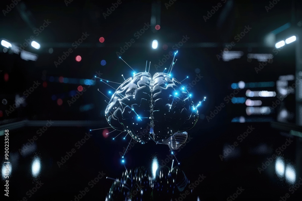 A digital representation of the human brain with glowing blue lines emanating from it, set against a dark background. A digital representation of the human brain with glowing blue lines emanating from it, set against a dark background.
