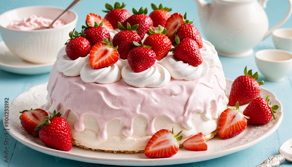 A strawberry cake with whipped cream and drizzled pink glaze. A strawberry cake with whipped cream and drizzled pink glaze.