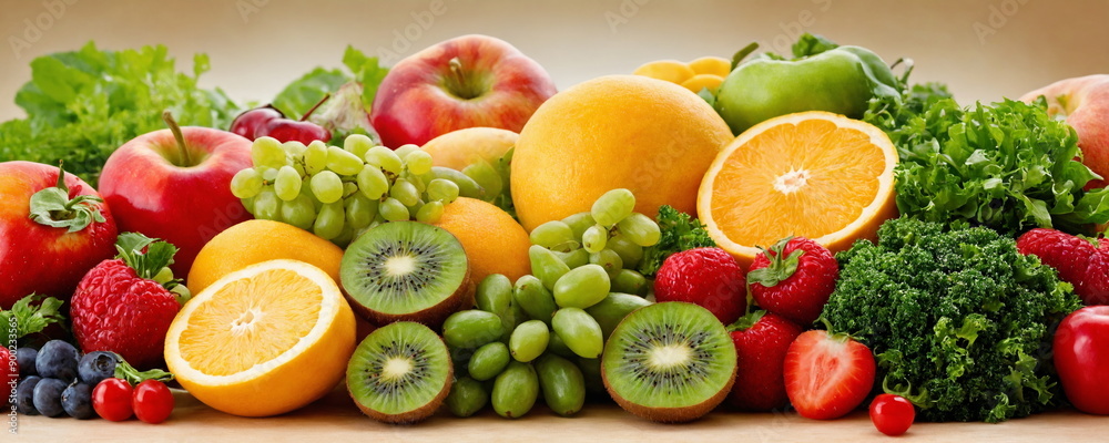 A close-up image showcasing a variety of fresh fruits and vegetables, including apples, oranges, kiwi, grapes, and leafy greens. A close-up image showcasing a variety of fresh fruits and vegetables, including apples, oranges, kiwi, grapes, and leafy greens.