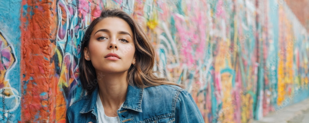 A young woman stands against a vibrant mural, looking thoughtfully upward, showcasing a casual and stylish appearance. A young woman stands against a vibrant mural, looking thoughtfully upward, showcasing a casual and stylish appearance.