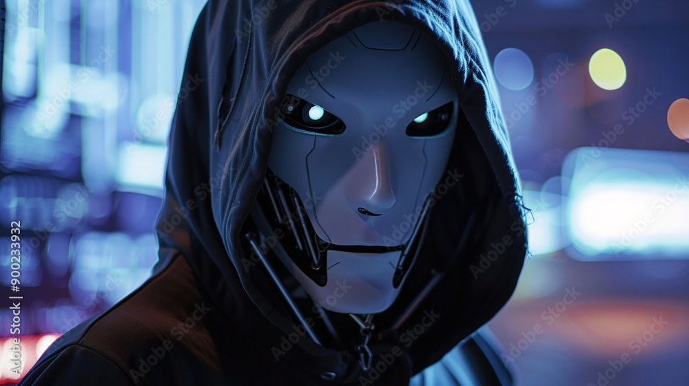 A close-up of a skilled robot hacker: showcasing advanced techniques in cyber-crime, reminding us all to strengthen our online security A close-up of a skilled robot hacker: showcasing advanced techniques in cyber-crime, reminding us all to strengthen our online security