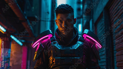 futuristic cyberpunk warrior with neon armor, wielding an energy sword in a dark alley, using a macro lens during nightfall