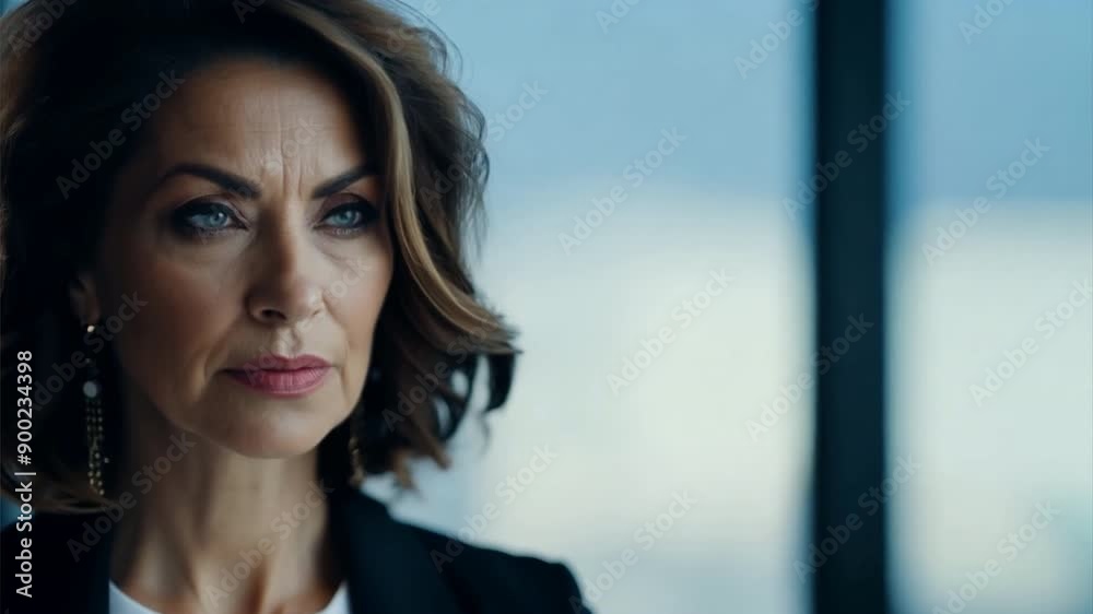 businesswoman's face, showcasing her confident and determined expression as she addresses her team. businesswoman's face, showcasing her confident and determined expression as she addresses her team.