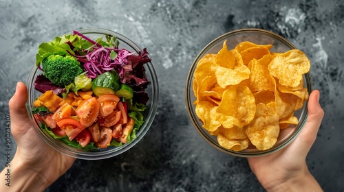 Fresh vegetables arranged alongside junk food items, highlighting the healthy choices over unhealthy options. Perfect for promoting healthy eating habits and nutrition awareness. photo